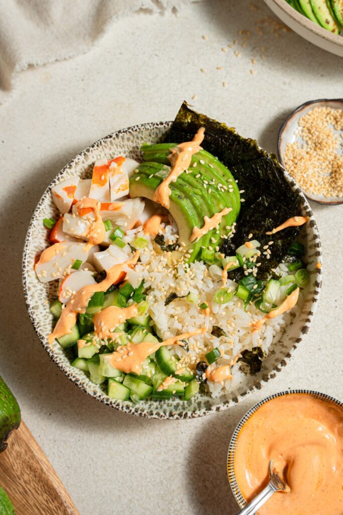 Easy Imitation Crab Sushi Bowls Recipe (California Roll Style)