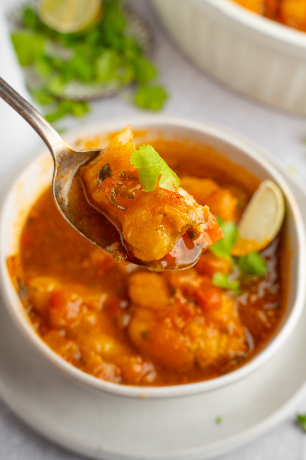 A close up of a spoon with a bite of fish stew garnished with fresh parsley. There is a ceramic bowl of stew served on a white plate blurred in the background.