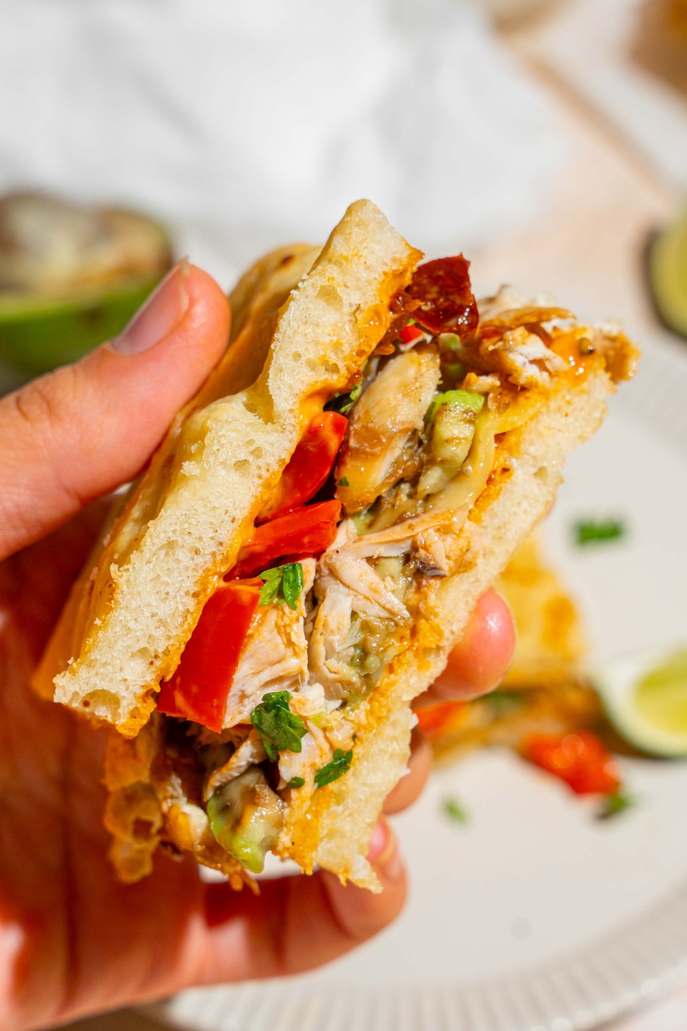 A close up of a hand holding half of a Panera chipotle chicken avocado melt garnished with fresh parsley. There is a plate with the remaining melt blurred in the background.